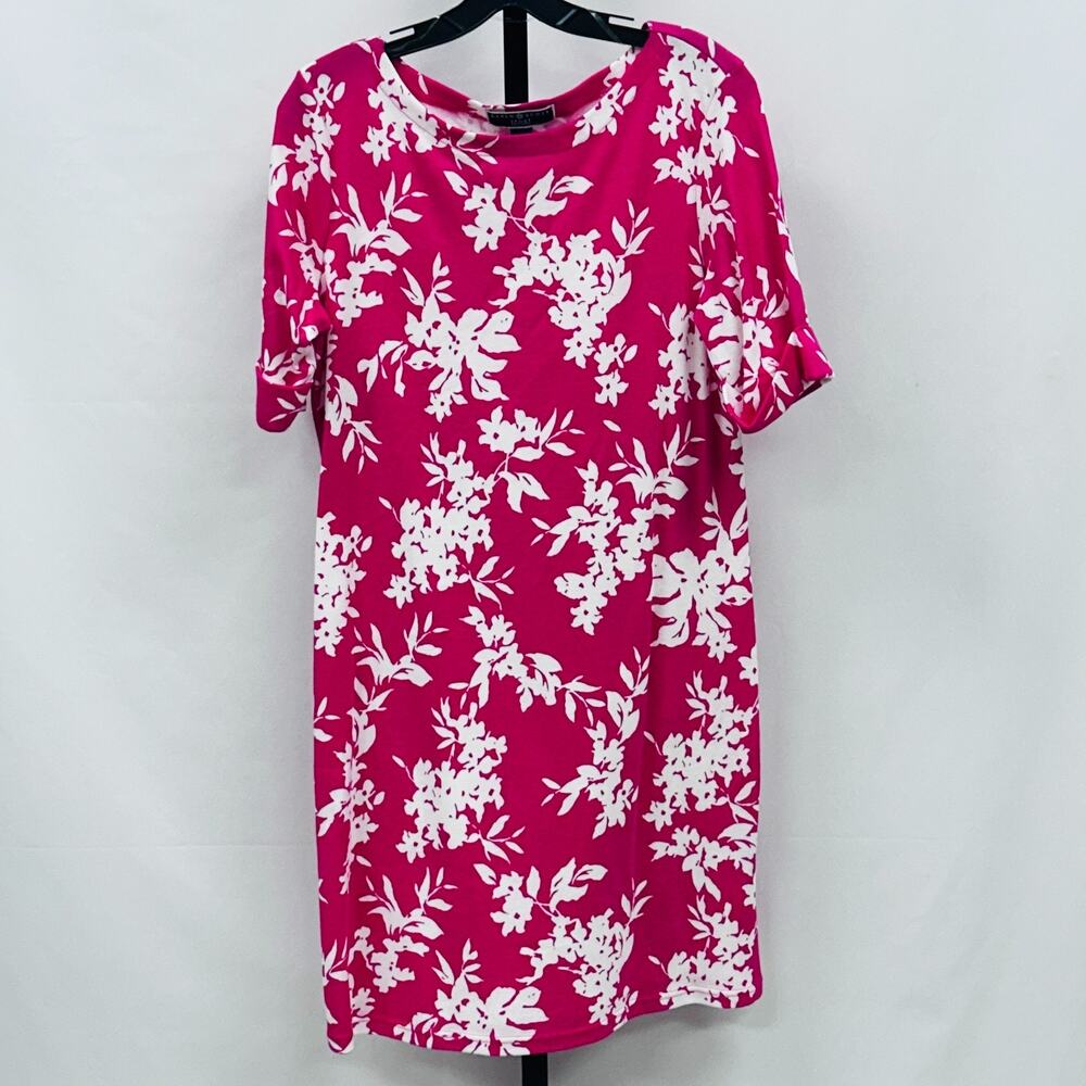 Karen Scott Pink Floral Knee Length Dress Petite L Floral Print Short Sleeve